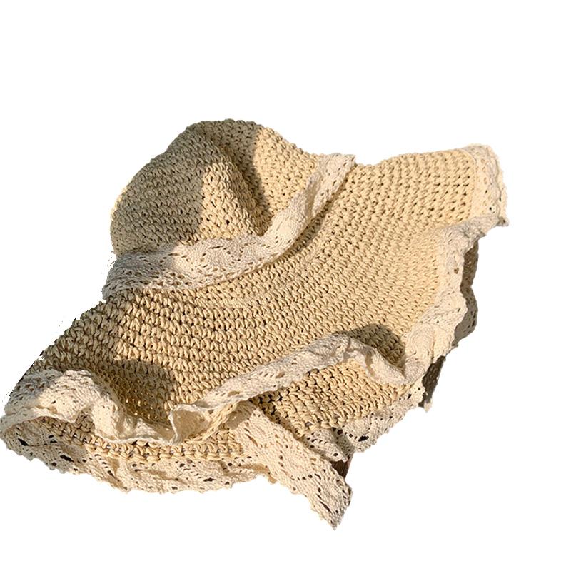 

Style Hat Versatile Straw Woven Sweet Lace Twocolor Fishermans Hatscaps бежевий