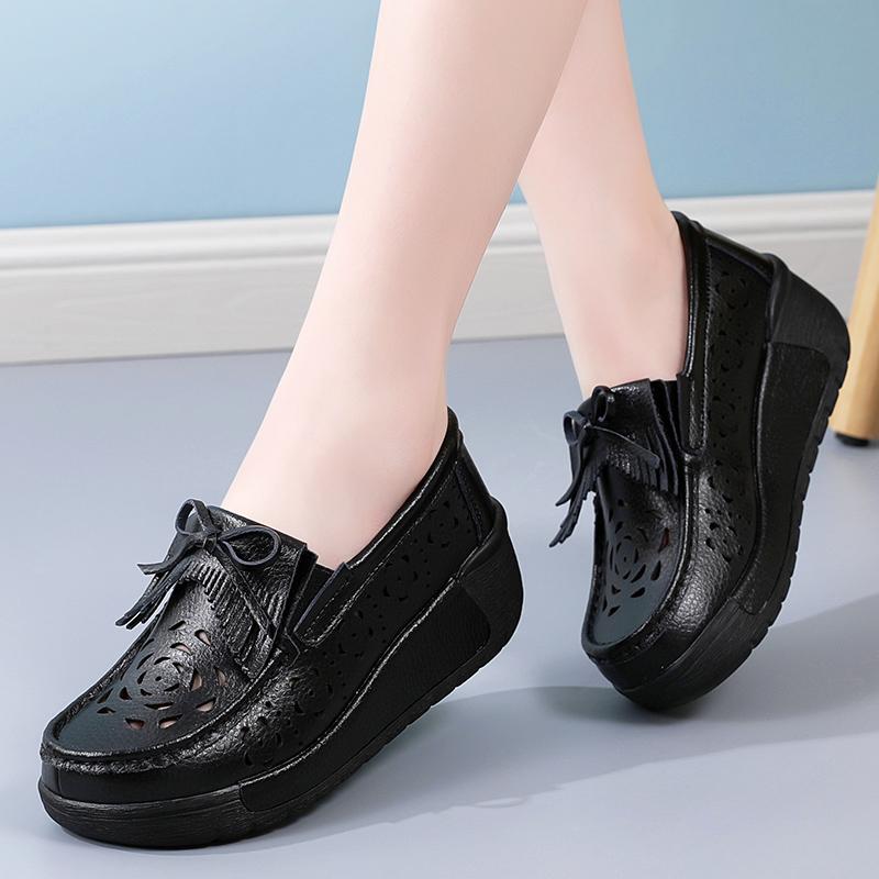 

Женские мокасины на толстой подошве на платформе, повседневные летние кожаные желтые туфли, увеличивающие рост, полые дышащие туфли для мам 41