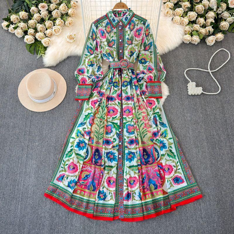 

Fashion Western Style Printed Palace Style Dress Women s High-End Temperament Elegant Loose Waist Single-Breasted Lady Dress Green 2XL
