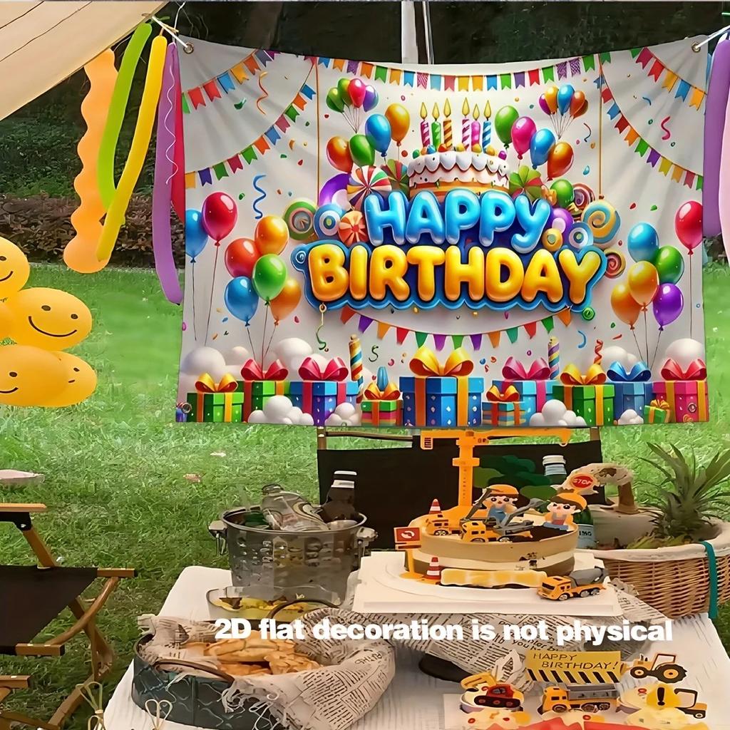 2D Flat 1pc Colorful Birthday Party Background Banner - Vibrant Balloon Flag Cake and Gift Box Design Durable Polyester
