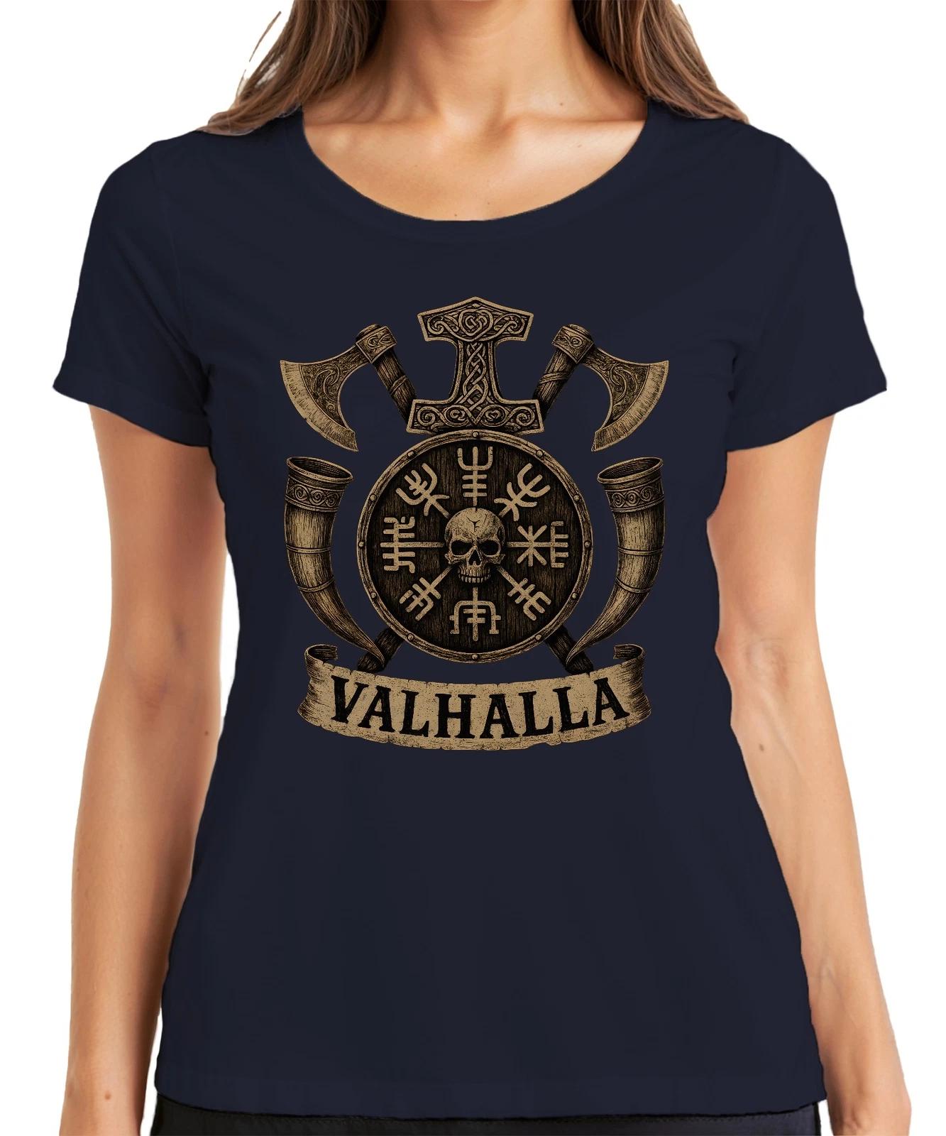 Wikinger Valhalla Runen Vegvisir Schild Schädel Äxte Hörner Retro Damen T-Shirt XL