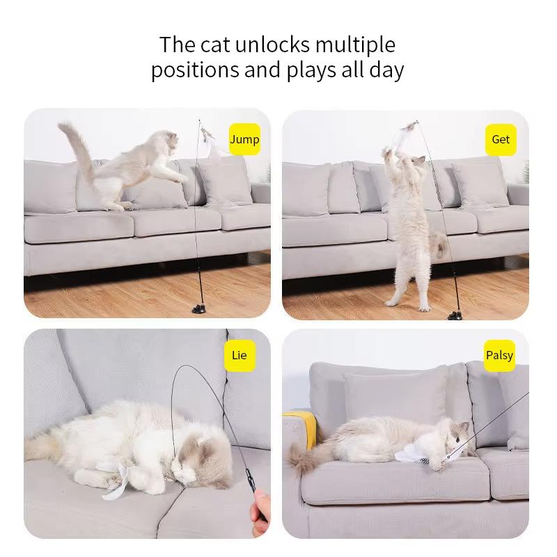 Interactive Cat Toy Handfree Cat Stick Kitten Playing Teaser Wand Toy Suction Cup Feather Wand Pet Supplies Simulation Feather
