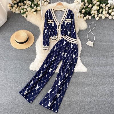 Designer 2 Piece Set for Women Casual Knitted V-neck Long Sleeve Sweater Cardigan + Wide Leg Long Pants Tracksuits Fashion