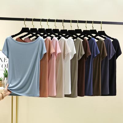 Modal Short-sleeved Backless Tshirts Women Boat Neck Off Shoulder T-shirt Solid Color Loose Base Layer Top Plus Size Simple Undershirts