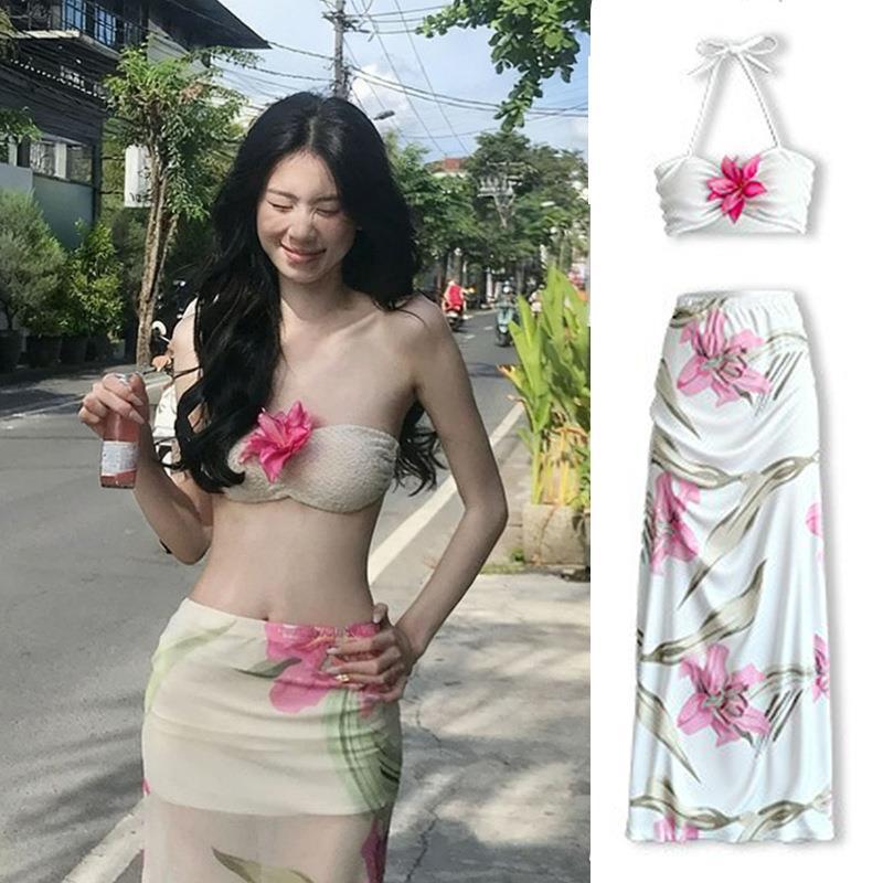 2025 Thai Style Sunset Beach Bikini & Long Dress Set - Sexy & Elegant Floral Design