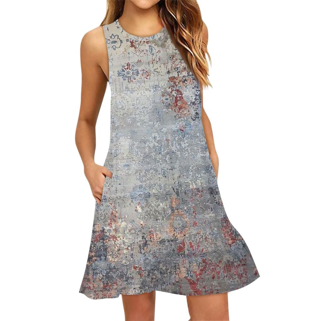 Women's Fashion Beach Dress Sleeveless Round Neck Texture Print Dress