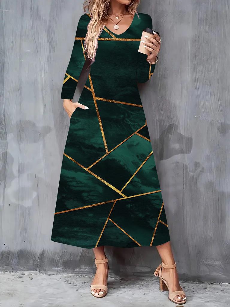 2025 Herbst und Winter Neues Damen Casual Modekleid 3D Retro Musterdruck Langarm V-Ausschnitt A-Linien-Kleider