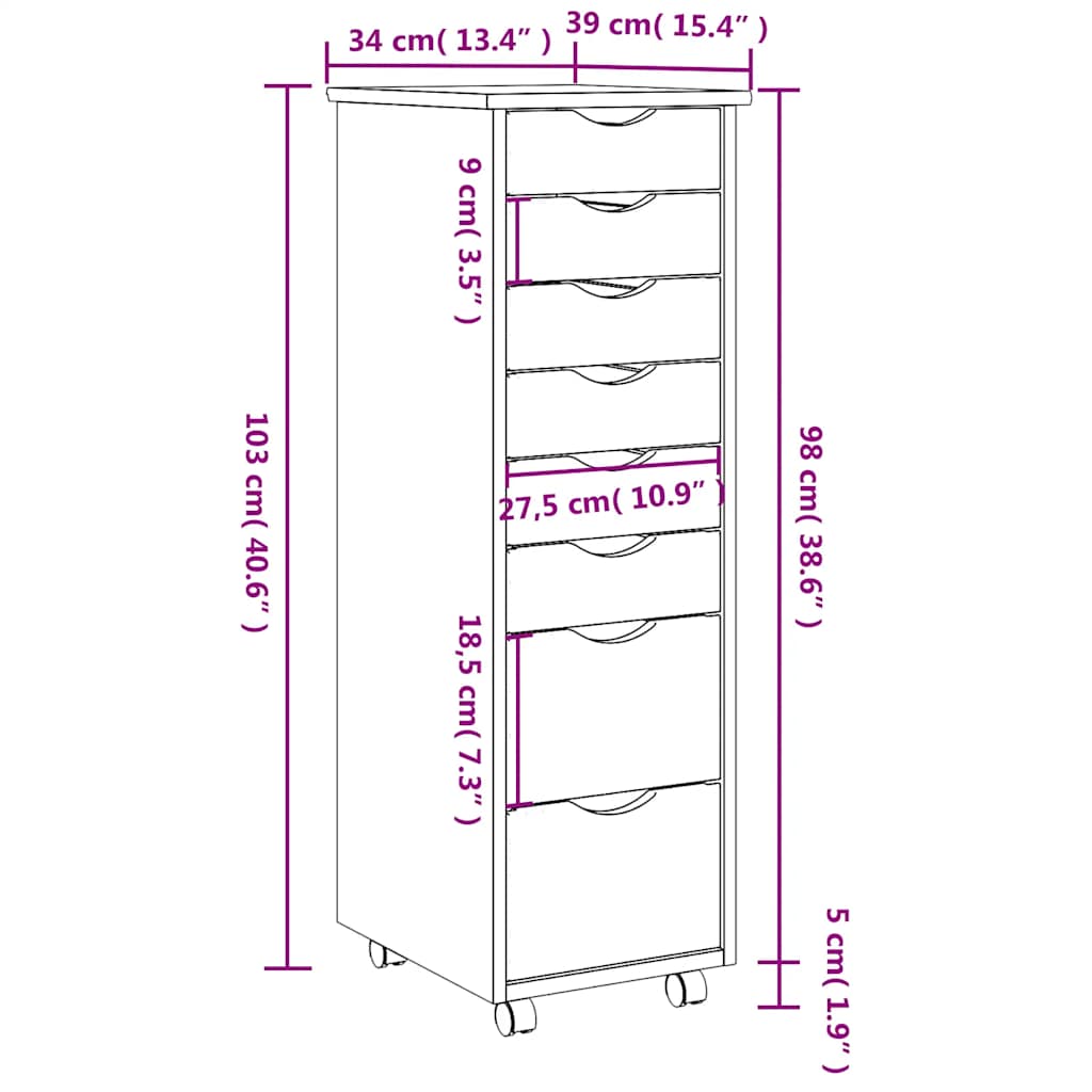 Mobile Drawer Cabinet MOSS Grey Solid Pine Wood