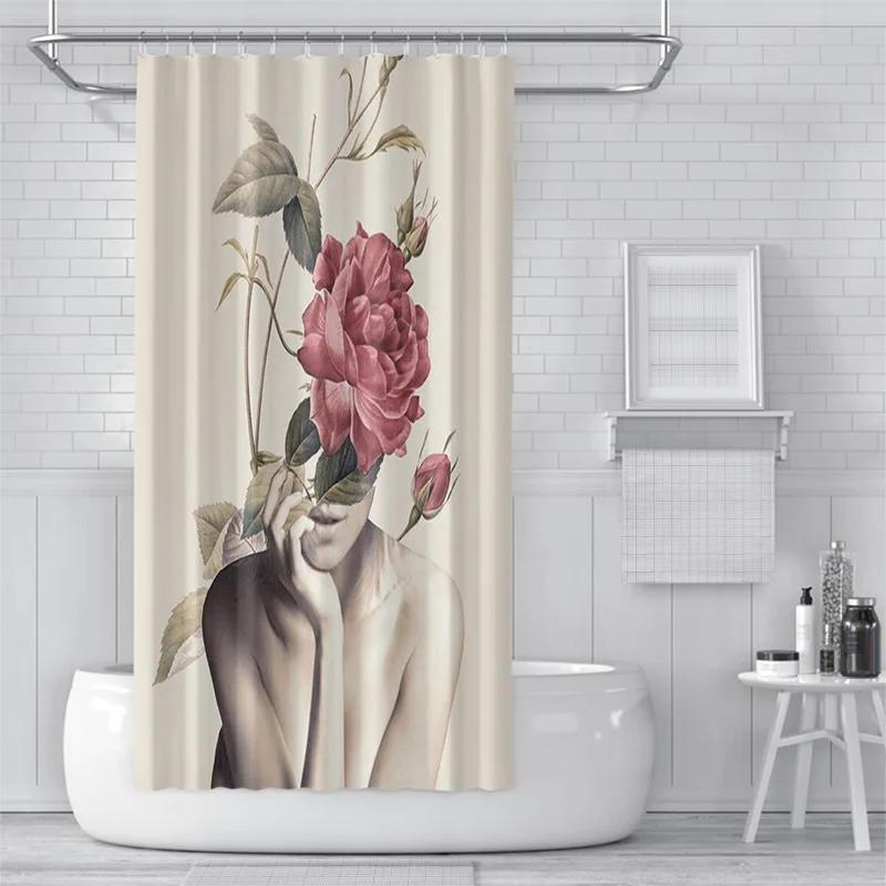 3D Shower Curtain European And American Abstract Figures, Flowers, Toilet Partition Curtains, Simple Curtains With Accessories