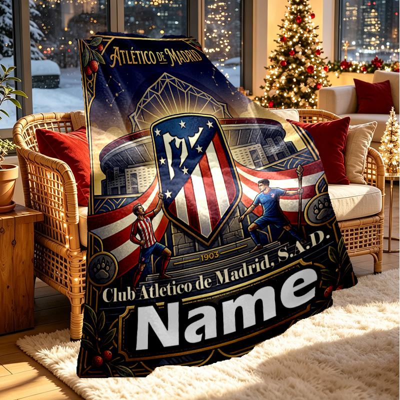 Custom Name Personalized Atletico Madrid Print Blanket, Home Decor, Bedroom, Sofa, Camping, Couch, Gifts for Birthday Christmas