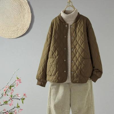 Pikowana Kurtka Damska Romby Zimowa Krótka Luźna Moda Jednolity Kolor Lekki Bawełniany Płaszcz