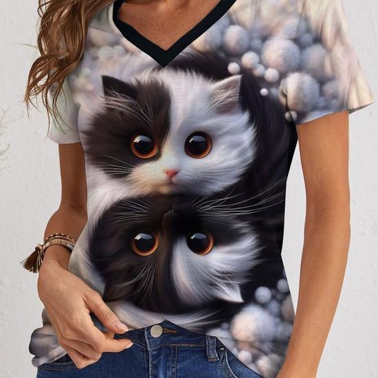 Cute Kitten T-Shirts Cat 3D Print Summer Women's Casual Short Sleeve V-Neck T Shirt Top Y2k Harajuku Tees Female Street Clothing