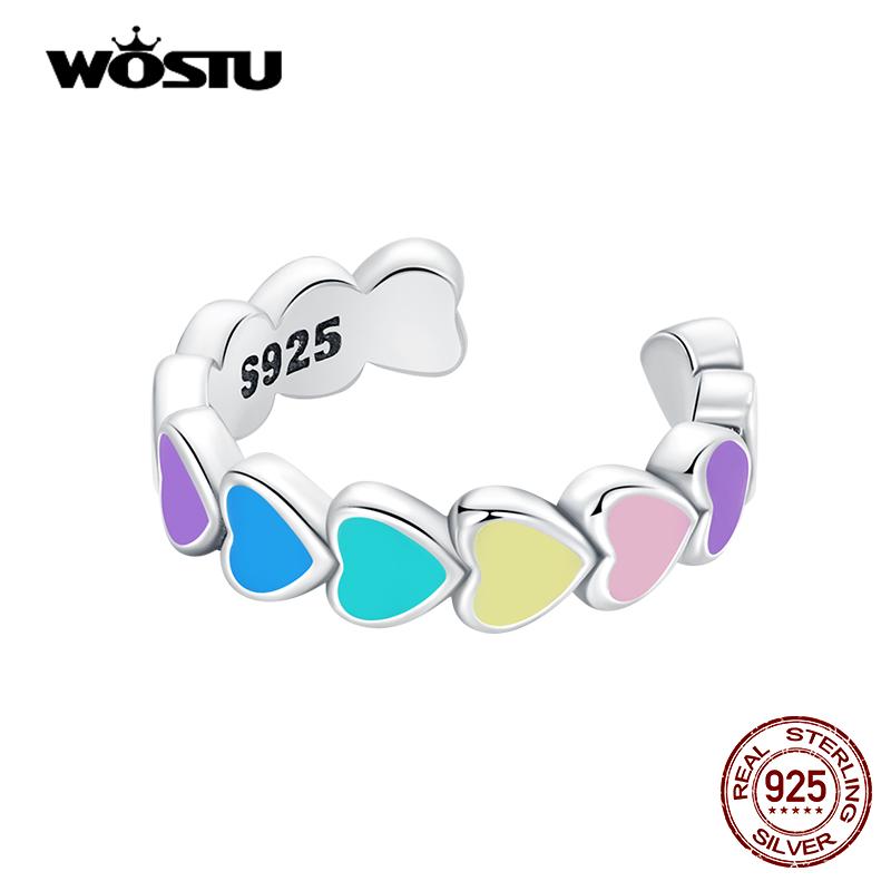WOSTU Real 925 Sterling Silver Rainbow Heart Mono-Ear Cuff for Women Fashion Colorful Ear Clip Fine All-match Jewelry 1 Piece