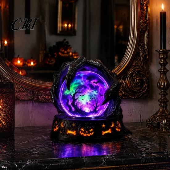 Halloween Table Decor LED Lighted Faux Crystal Ball Decoration, Resin Witch/Skeleton/Cat/Ghost Figurine with Unique Gift for Friends Green/Purple