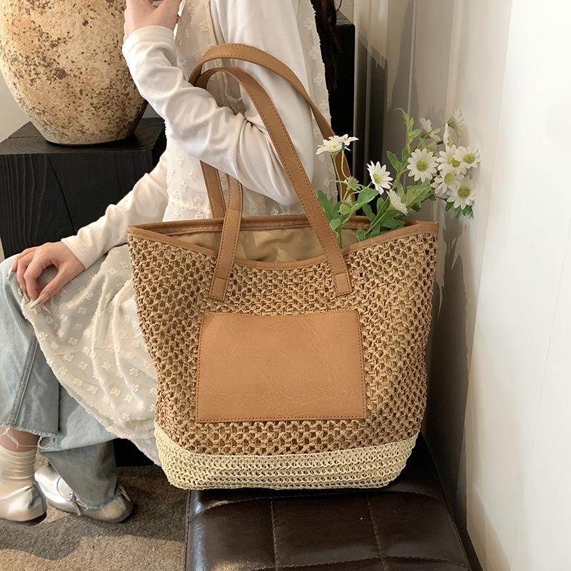 Women Crochet Beach Handbag PU Patchwork Weaving Travel Bag Contrast Color Simple Shoulder Bag Ladies Summer Daily Bag AVE