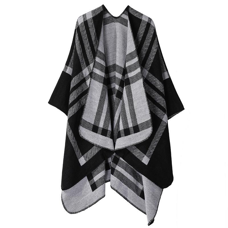 Knitted Wool Plaid Large Shawl With Summer Women'S Thermal Scarf Double-Sided Cape Fashion Cape Thickened
