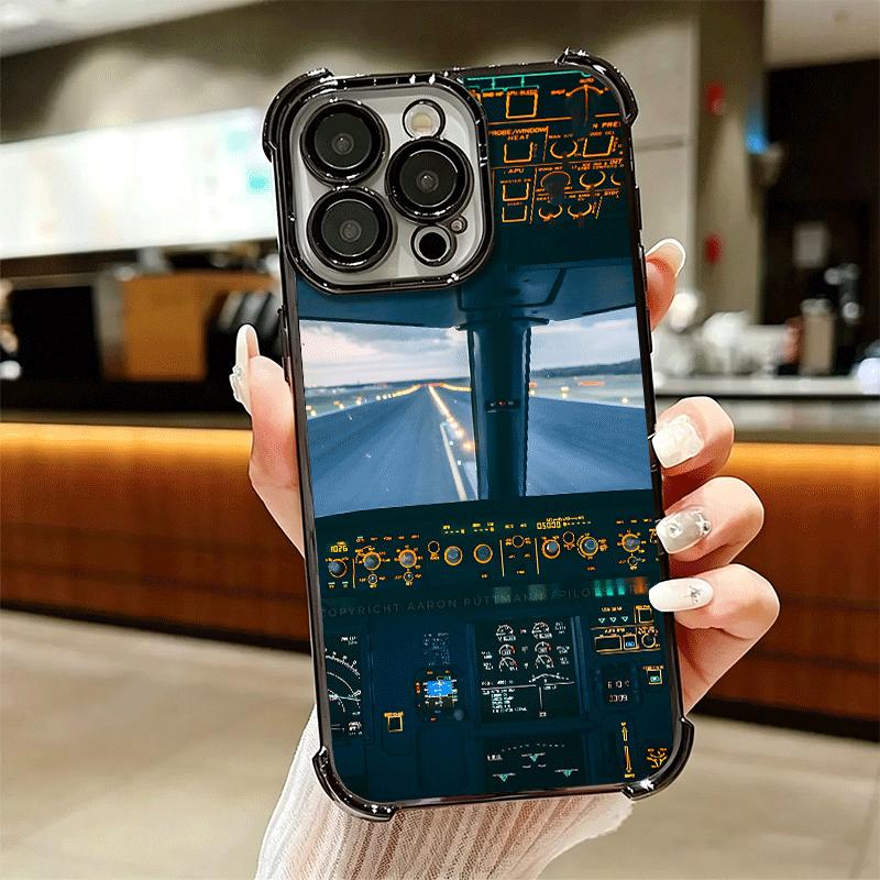 Aviation Aeroplane Pilot Cockpit Plating Phone Case For Iphone 16 17 Pro Max Air 16E 14 15 Plus 12 13 Mini Anti-Fall Airabag Cov