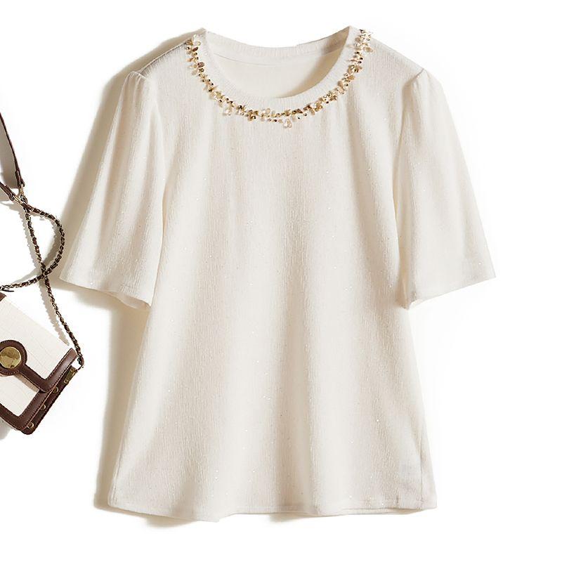 

Handmade Embroidered Beads round Neck Elastic Sunken Stripe Stretch Cotton Yarn Short Sleeve Quality Women s Summer T-shirt Jue Non-Stick White L