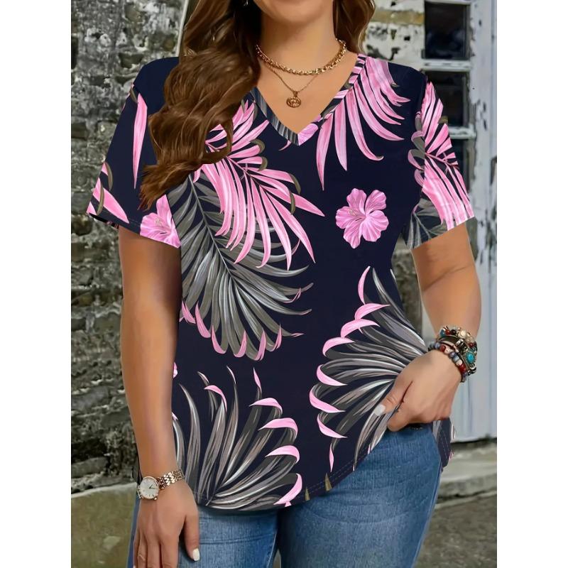

Футболка женская летняя повседневная элегантная простая с V-образным вырезом и короткими рукавами с тропическим растительным принтом свободная повседневная женская футболка S