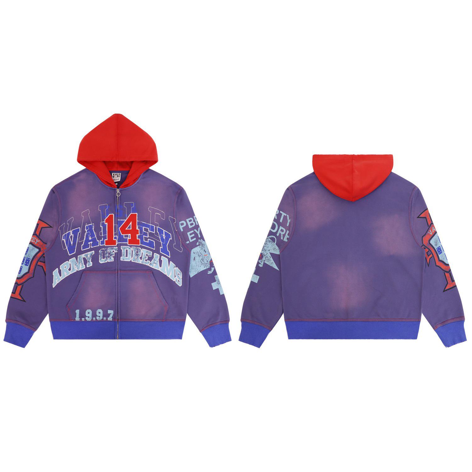 

Vale Cross-Border New American Trendy Color-Block Hooded Zip-Up Distressed Jacket. Extra Large