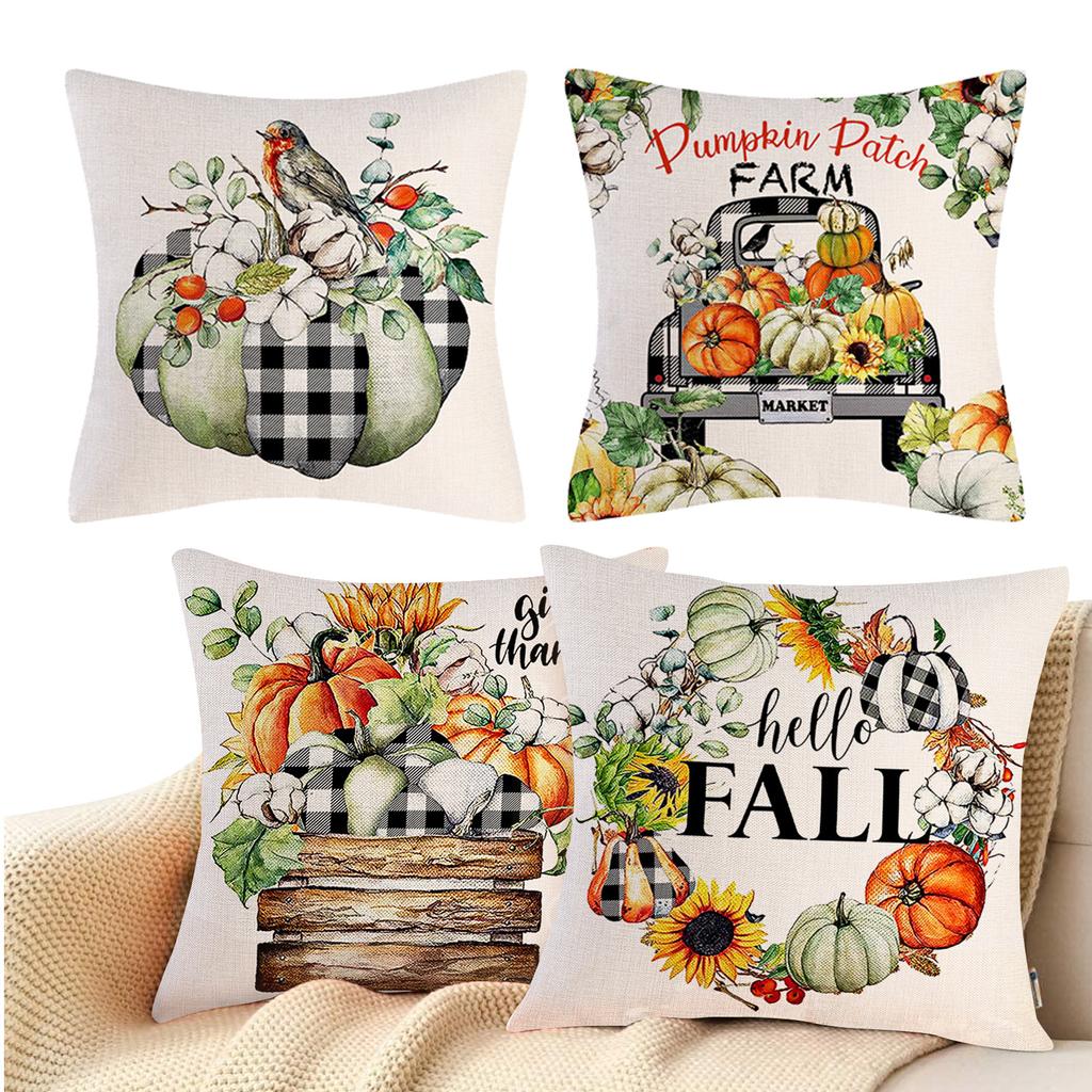 Fall Throw Pillow Covers 4Pcs Pumpkin Linen Pillow Covers For Thanksgiving Soft Comfortable Cushion Covers Decorative For Sofa