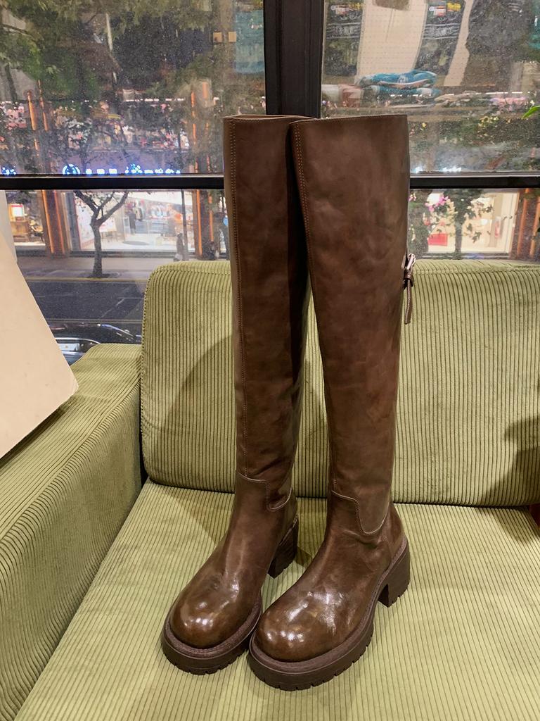 Grape mother same retro round head thin versatile zipper thick sole thick heel knee boots women's autumn and winter knight boots