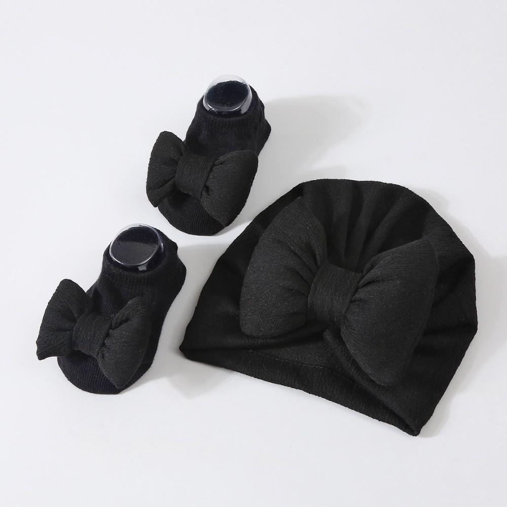 Cotton Knit Baby Hat Socks Set 0-12 Months Newborn Turban Hat Baby Bow Fetal Cap Home/Outdoor
