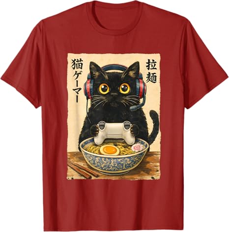 Funny Cat Gamer RaUnisex Graphic Japanese Kawaii Anime Gaming TShirt Y2k Kitten Eat Noodles Paly Video Game Unisexga Comic Clothes