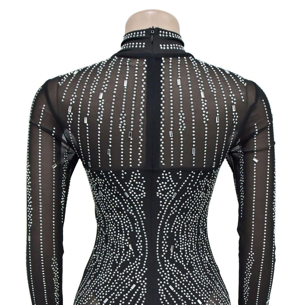 European & American Fashion Women's Solid Mesh Slit Long Dress with Hot Drill Accents