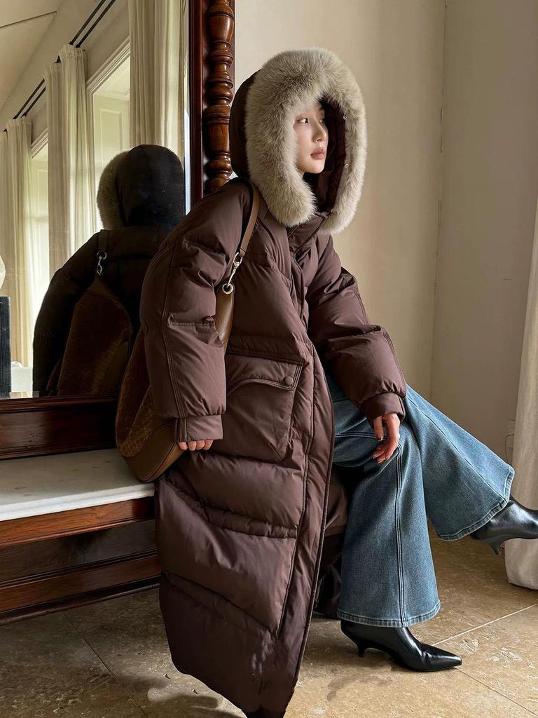 Longue Doudoune à Capuche pour Femme avec Fourrure de Renard Véritable, 90% Duvet de Canard Blanc, Longueur au-Dessus du Genou, Épaisse et Chaude