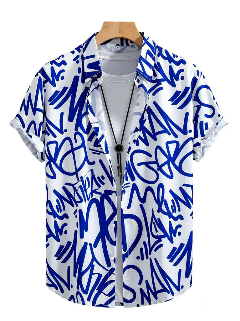 Casual Men's Letter Graffiti Print Short Sleeve Shirt