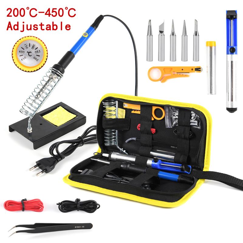 15Pcs Kit 220V 60W Soldering Iron Kit 450°C Adjustable Temperature Welding Tool Set With Solder Sucker Tin Wire Eu Plug