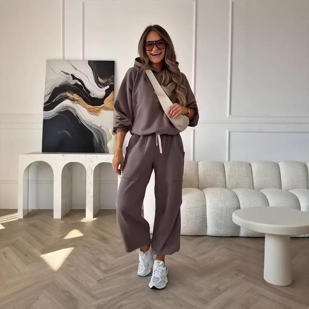 26 Europe, America, Amazon Cross-border Women's Clothing New Slack Hooded Sweater Wide-leg Trousers Tooling Style Suit
