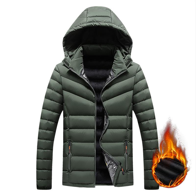 Rib Clothing Cotton Jacket Men's Winter Solid Color Slim Fit Removable Hat Trendy Plush Thickened Top Jacket Men