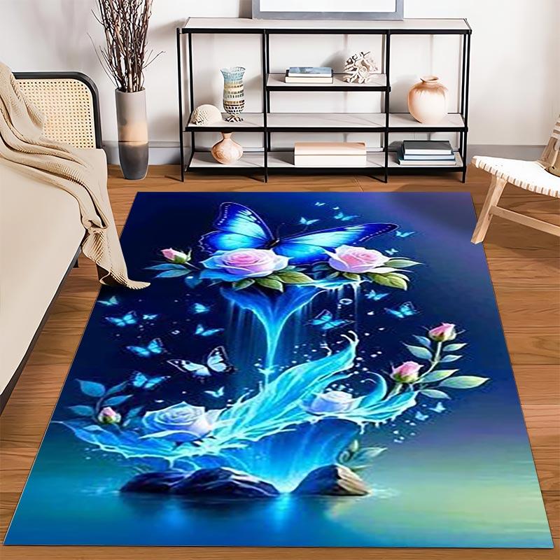 Butterfly and Rose Carpet, Blue Glowing Design with Elegant Floral Art Suitable for Use As an Anti-slip for Living Room Bedroom Sofas