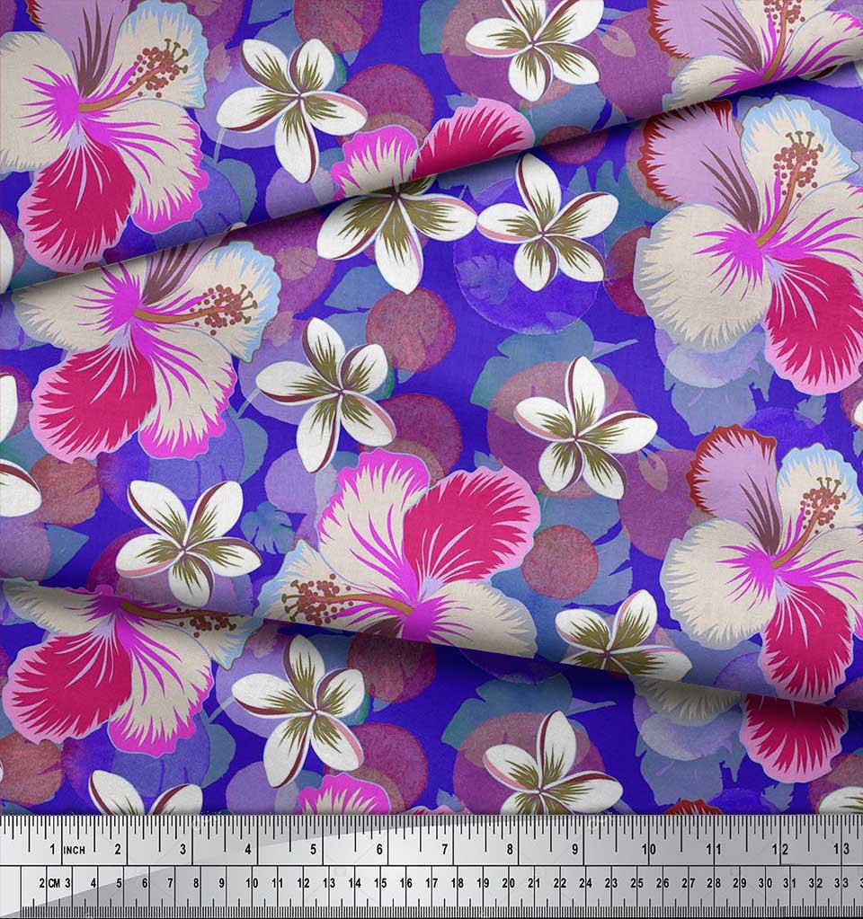 Soimoi Japan Crepe Satin Fabric Leaves & Plumeria Flower Decor Fabric Printed Metre 42 Inch