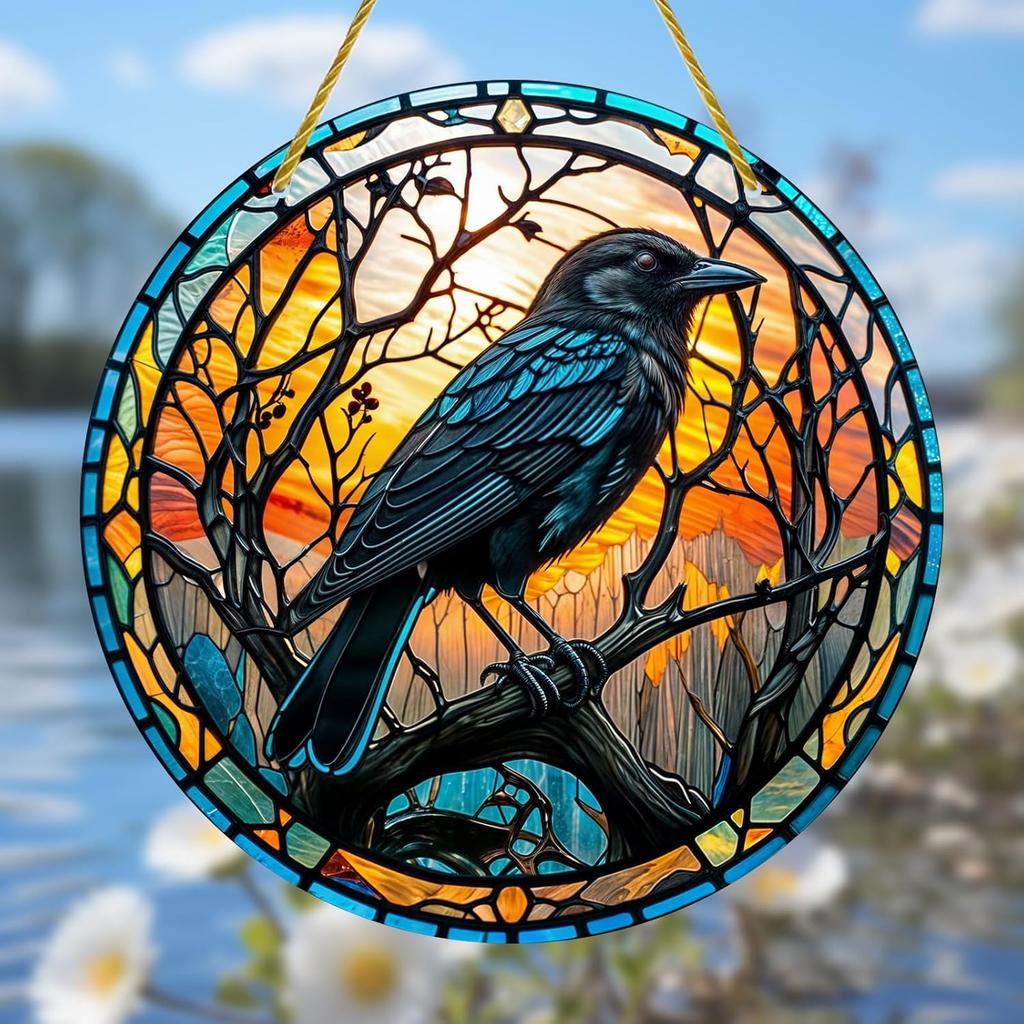 Acrylic Stained Hanging - 1Pcs Black Crow Theme Acrylic Window Hanging for Indoor/Outdoor Decor, Garden Decoration or Housewarming Gift