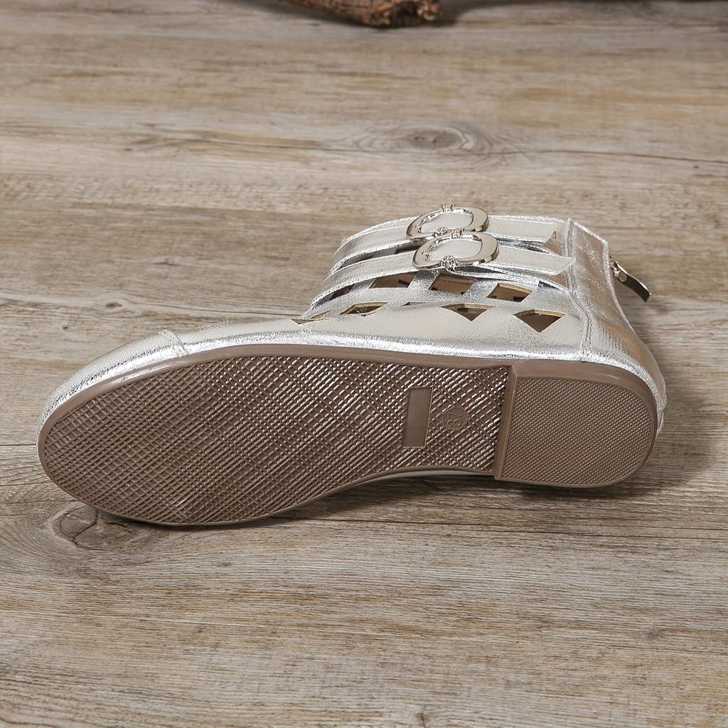 Hollow Geometric Metal Buckle Back Zipper Breathable and Cool Flat Shoes Fashionable, Comfortable, Elegant and Versatile Women's