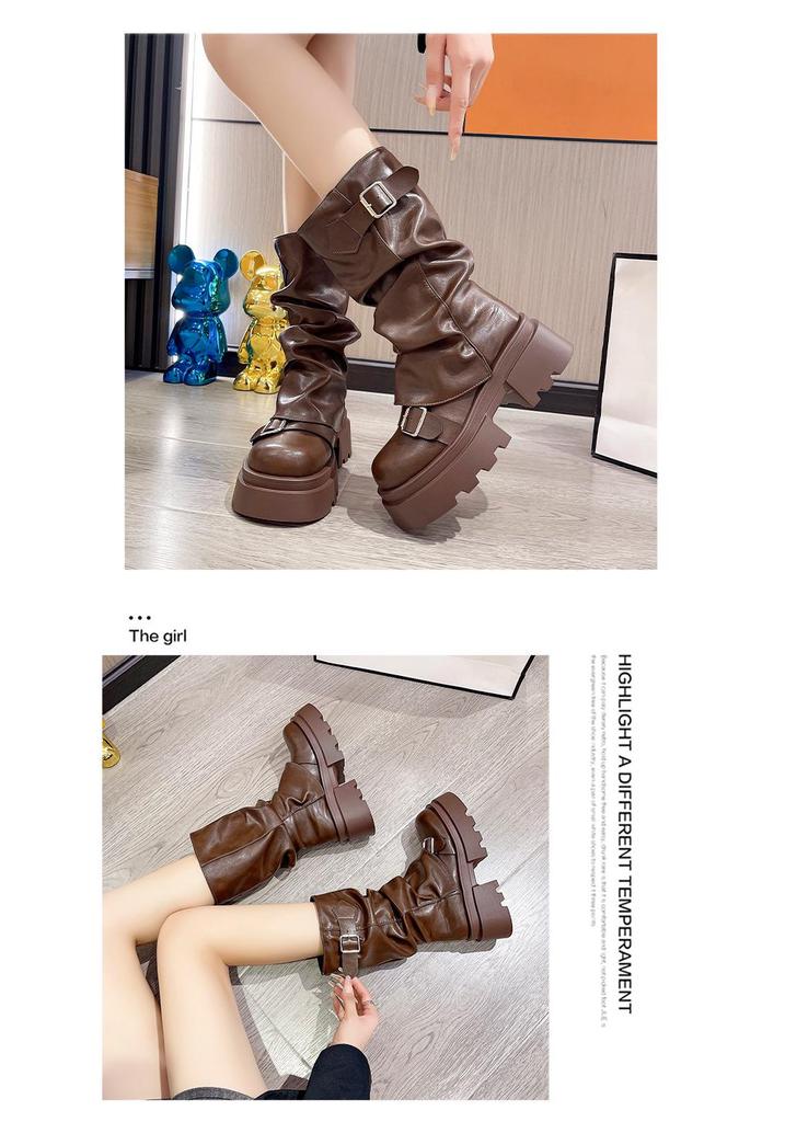 Botas Plataforma de Salto Grosso Estilo Britânico Feminino, Botins Martin Meia-Canela Retrô Outono 2024