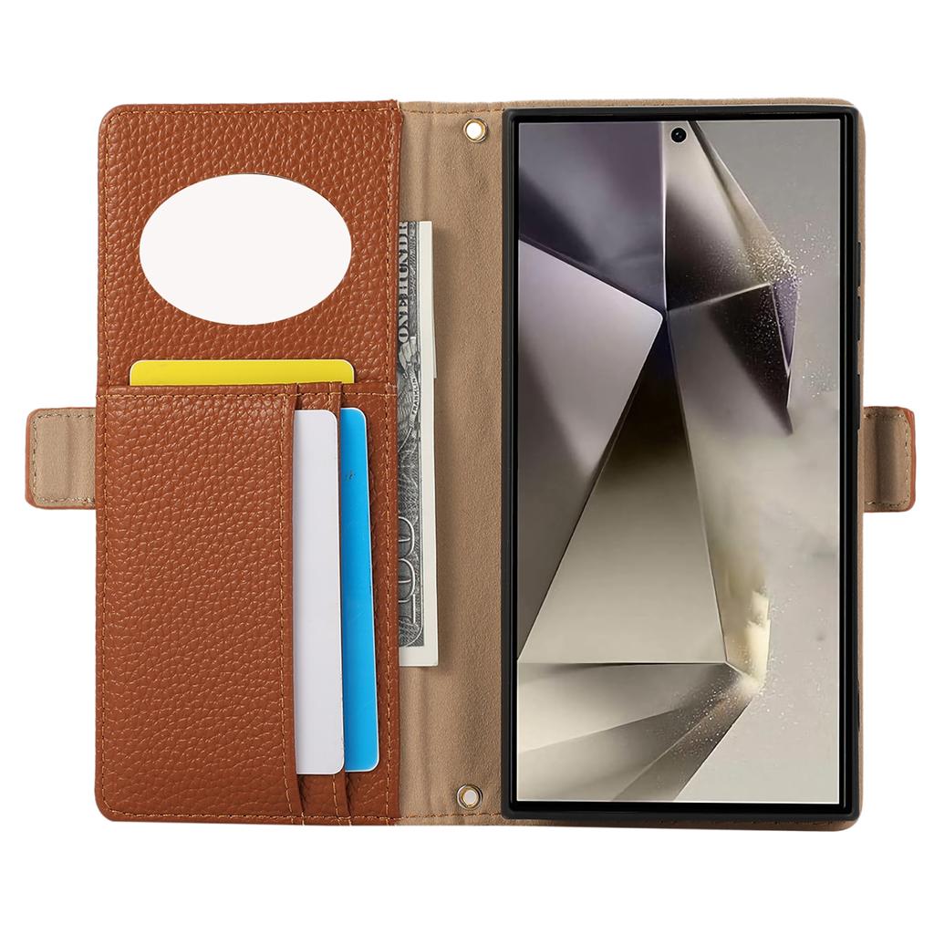 For Samsung Galaxy S23 Ultra Wallet Phone Case Shockproof TPU+PU Leather Flip Cover with Mirror,Strap