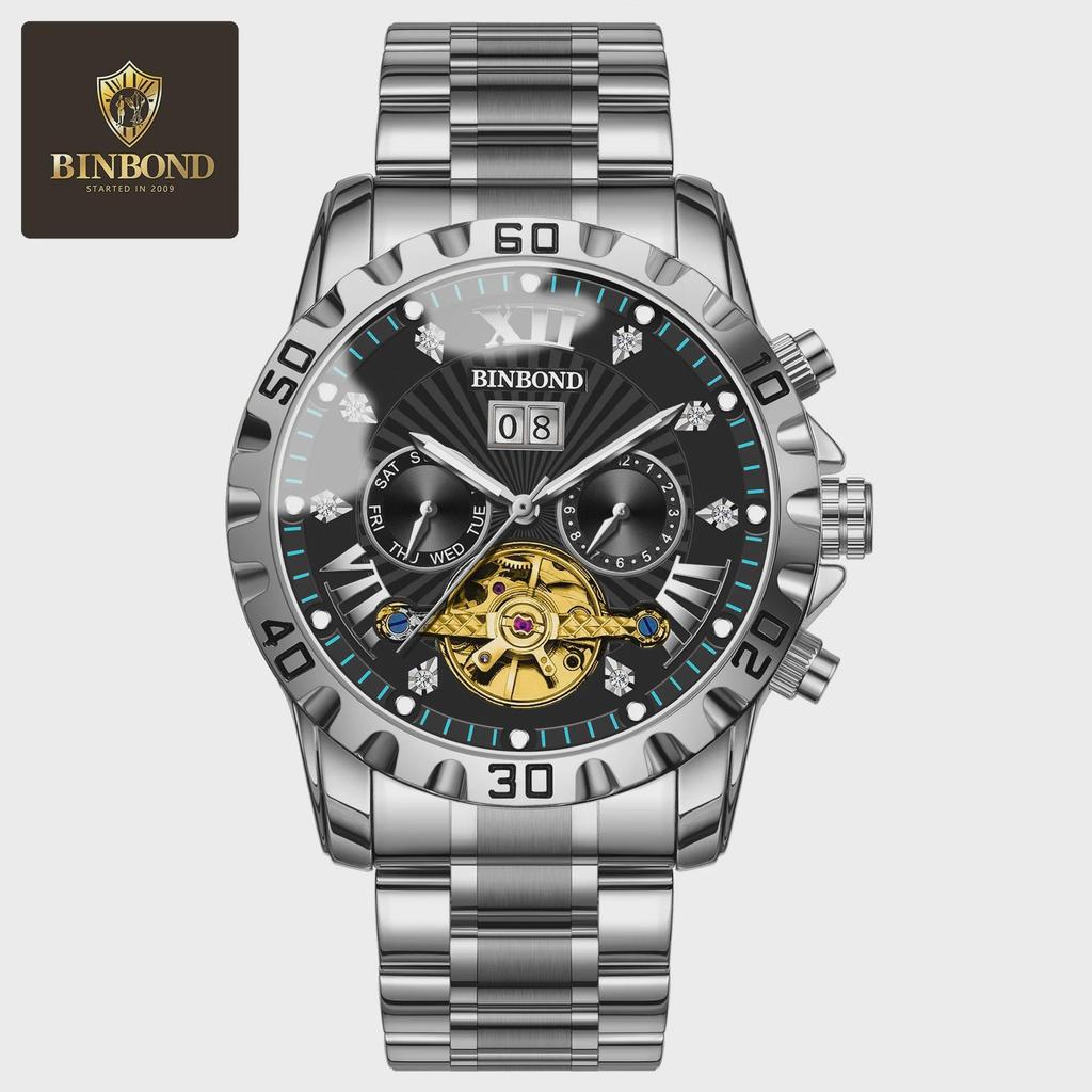 BINBOND Fashion Tourbillon Automatic Watch Men Luxury Skeleton Mechanical Wristwatch Stainless Steel Wristwatches