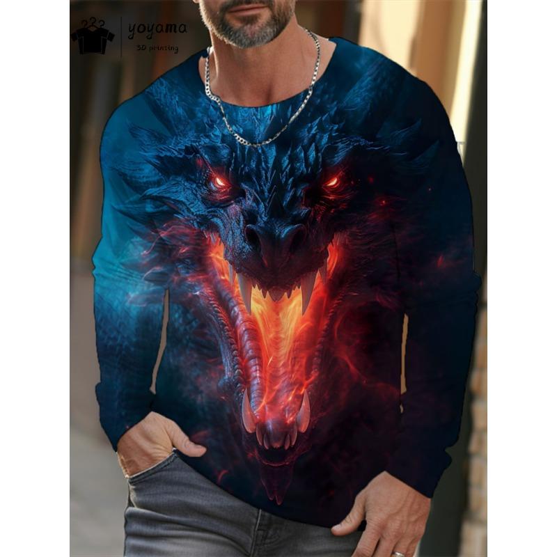 Dragon Print Men's Clothing 3D Print Men's Long Sleeve T Shirt Classic Casual Mens Clothing Breathable O-Neck T Shirt Men Tops