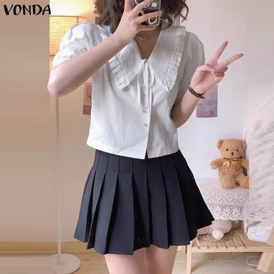 Women Casual Doll Collar Short Sleeve Ruffled Buttons Cropped Blouse