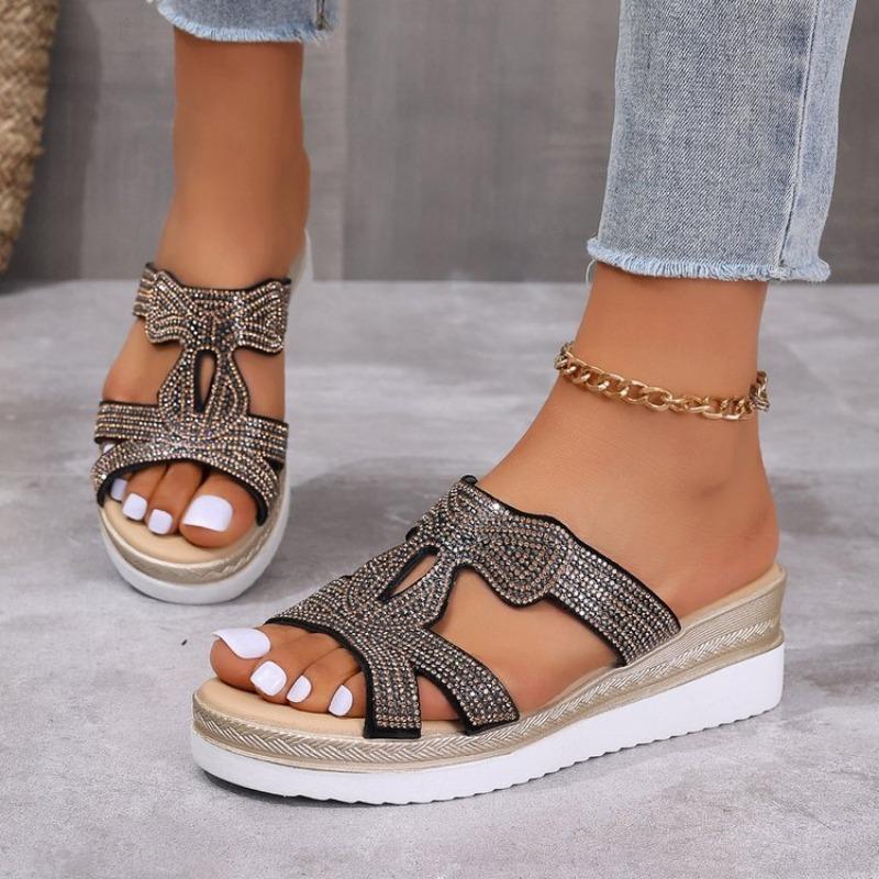 Large size wedge slippers women's summer sequined rhinestone lightweight outer slippers