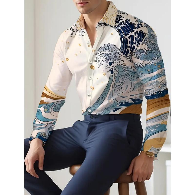 Camicia da uomo alla moda a maniche lunghe con colletto e bottoni, taglie forti, con stampa 3D