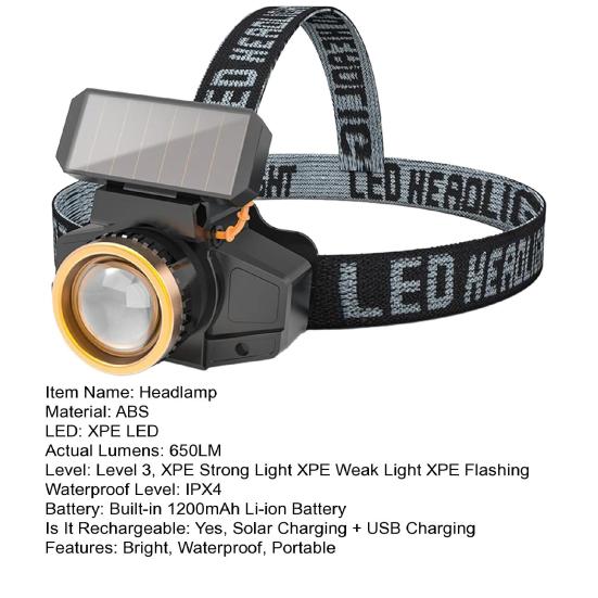 LED Kafa Lambası Güneş Enerjili/USB Şarjlı Hareket Sensörlü Su Geçirmez Şarj Edilebilir Fener Dış Mekan Kamp Yürüyüş Acil Durumlar İçin