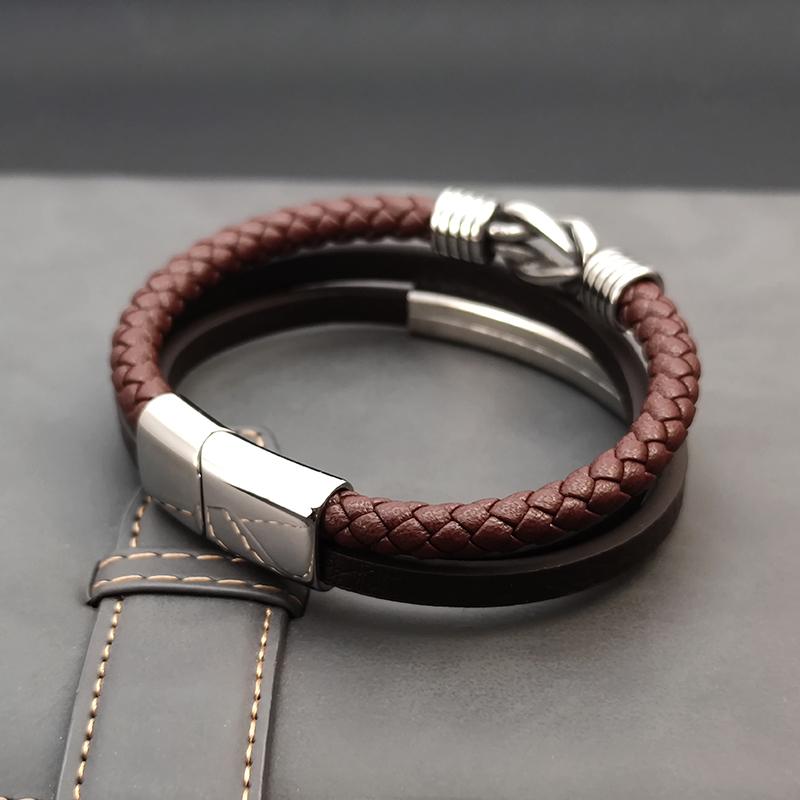 Classic Men's Brown Multi-layer Leather Bracelet Winding Design Punk Stainless Steel Magnet Clasp Bangle Male Jewelry Gifts