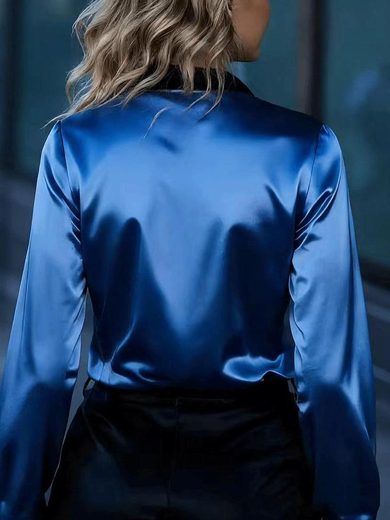2026 Spring European & American Women's Satin Color Block Long Sleeve Shirt