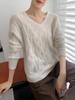 Women's V-neck Wool Twist Sweater - Thick, Loose, Long Sleeve Knit for Autumn/Winter