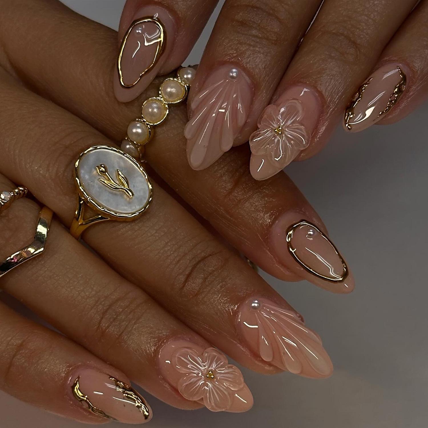 Luxury 3D Pearl Flower Nude Pink Wearable Nails - Sweet French Style Fake Manicure